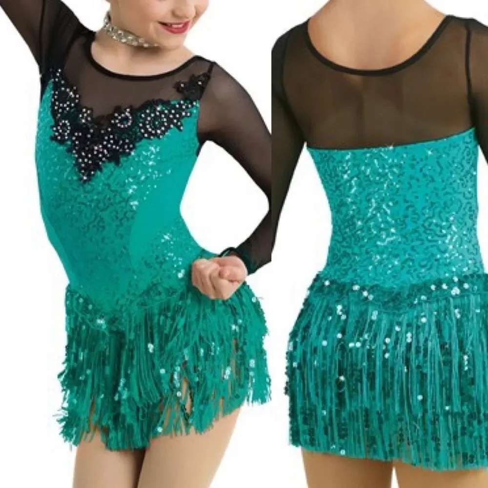 Weissman Stray Cat Strut Dance Costume Aqua Blue‎ Fringe Sequin 11188 Child XXLC